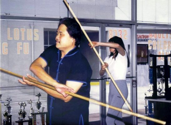 Lucy Lawless training with Doug Wong for Xena at White Lotus Studio Northridge, CA.