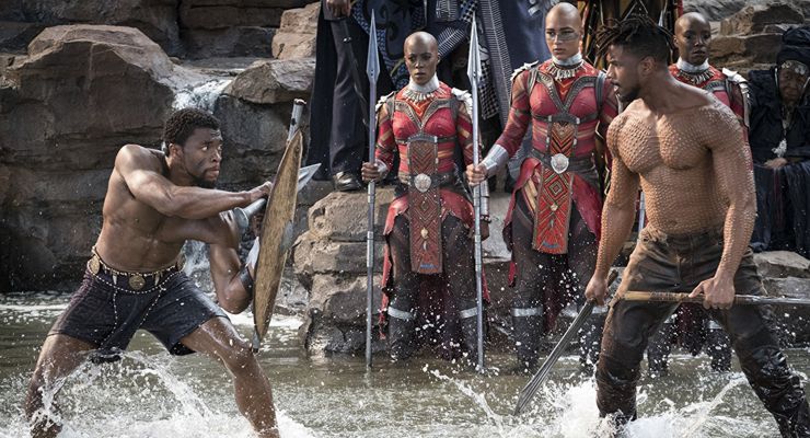 Michael B. Jordan, Chadwick Boseman, and Janeshia Adams-Ginyard in Black Panther (2018)