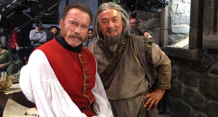 Arnold Schwarzenegger and Jackie Chan on the set of The Mystery of Dragon Seal: The Journey to China (2019)