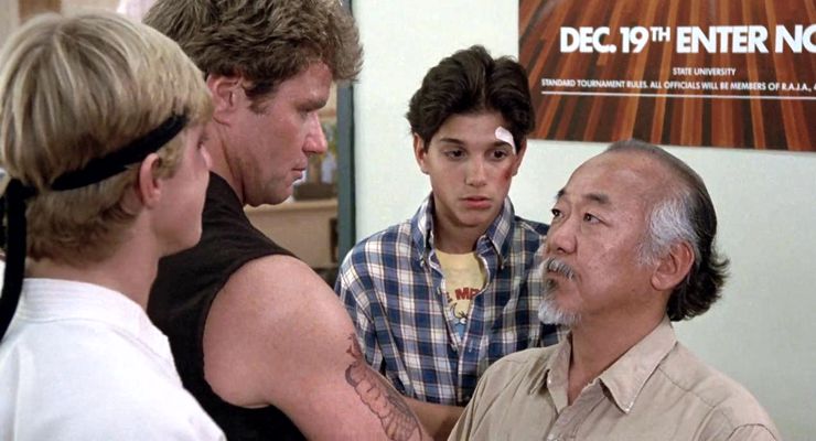 William Zabka, Martin Kove, Ralph Macchio, and Pat Morita  in The Karate Kid (1984)