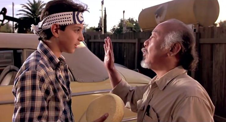 Ralph Macchio as Daniel and Pat Morita as Mr. Miyagi in The Karate Kid (1984)