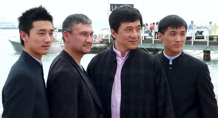 Liu Fengchao, Antony Szeto, Jackie Chan and Wang Wenjie during the Wushu photocall at La Dive Beach during Cannes 08.